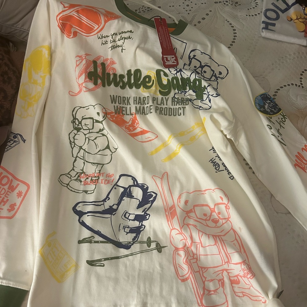 Hustle Gang Kids' Long-Sleeve Graphic Tee - Cream with Multicolor Prints